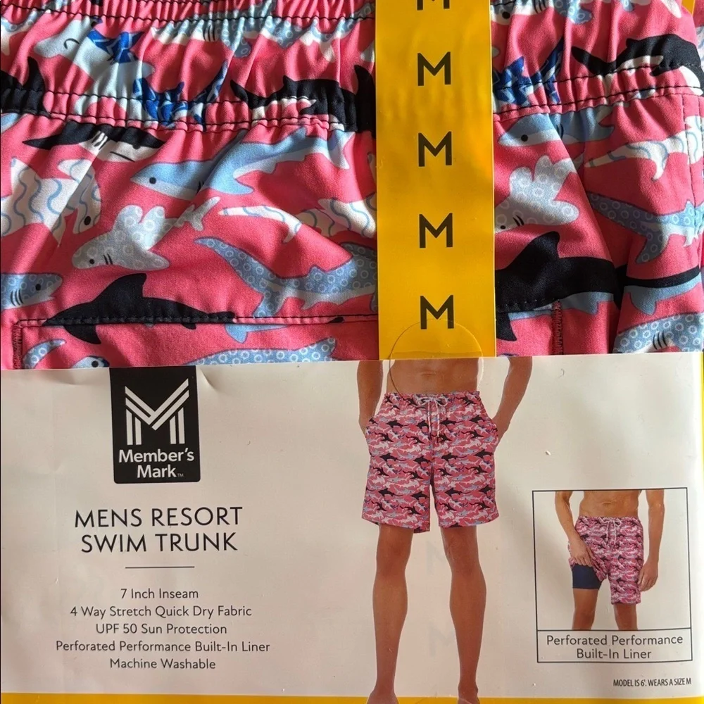 Member’s Mark Men's Resort Liner Swim Trunk Blue & White Sharks/Pink Background